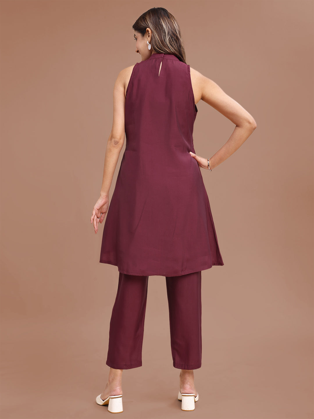 Burgundy Colored Halter Neck Embroidered Silk Blend Tunic & Trouser Co-ord Set